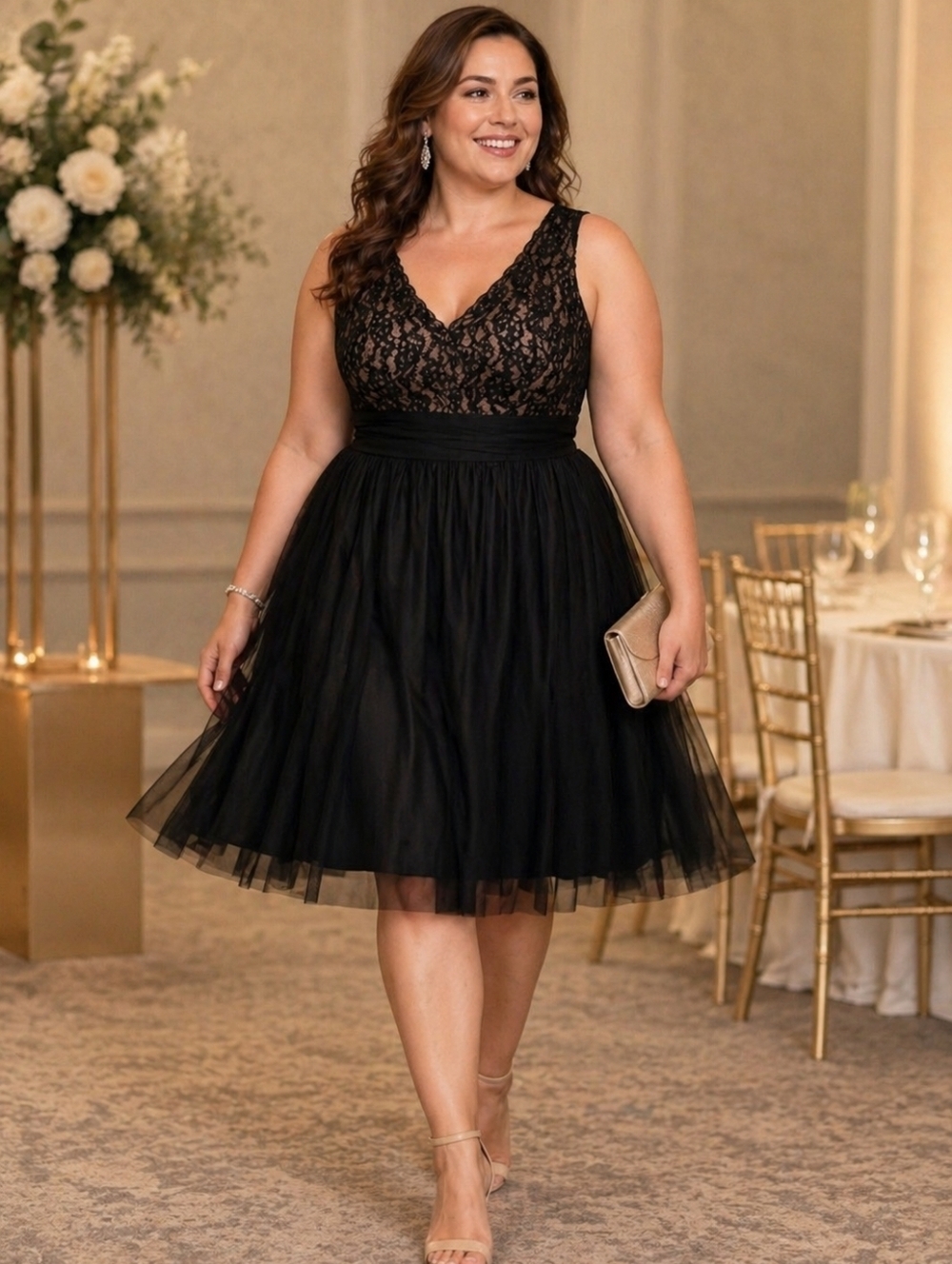 London Times Black Lace‎ and Tulle with nude underlay V Neck both sides